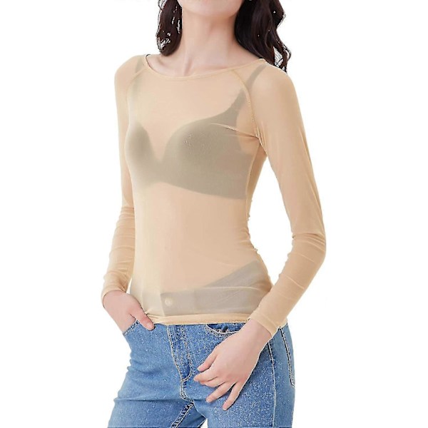 Dame Elastisk Scoop Neck Gjennomsiktig Sexy Slim Fit Mesh Topper Langermet Bluse Apricot 3XL