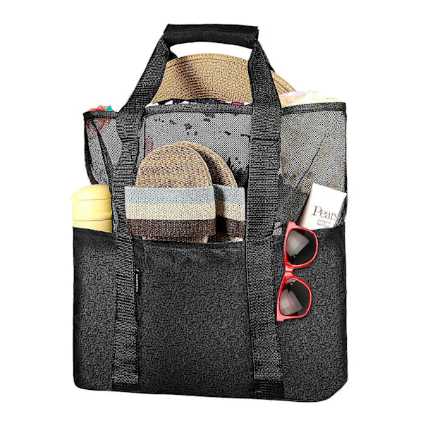Cabilock Mesh Strandtaske Tote Taske Foldbar Dagligvarepose med Ekstra 6 Udvendige Lommer (Sort)