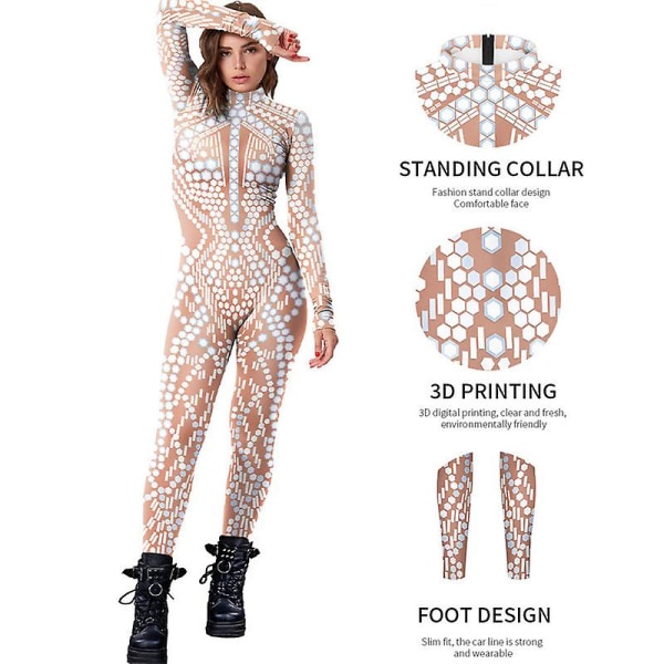 Jumpsuit för kvinnor halloween kostym långärmad skinny catsuit 3d print bodysuit cosplay outfit M