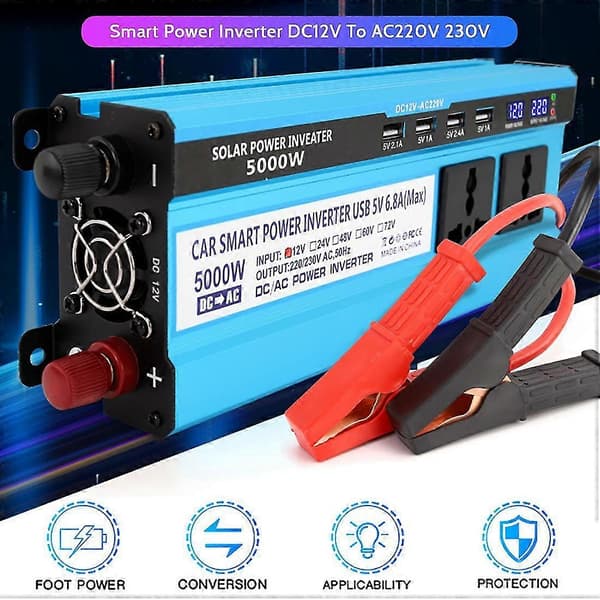 5000W Solcelle Bil Strømomformer 4 USB-lader DC 12V til AC 220V Spenningstransformator Adapter Lading