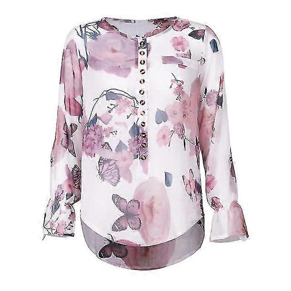 Elegant Chiffongblus för Dam i Stora Storlekar med Nedfälld Krage - 2023 Vardags- och Arbetskläder i 5xl Pink-long sleeve 4XL