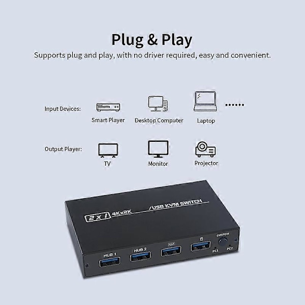 KVM-switch 2-i-1 Driverfri 4K Högupplöst Plug & Play 2 Värdar Delar 1 Skärm/Tangentbord Mus HDMI-kompatibel/USB KVM-switcher för Kontor