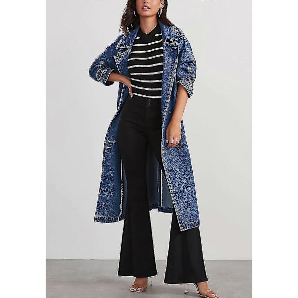 Naisten Vintage Midi Pitkä Farkkutakki, Väljä Malli, Kaksirivinen Denim-trenssi Vyöllä Denim Blue XX-Large