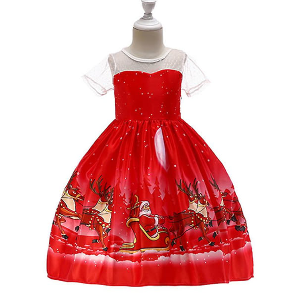 Jul Små Barn Flickor Spets A-linje Swing Dress Xmas Jultomten Print Bal Balklänning Afton Formell Prinsess Klänning Fest Kostym Red E 3-4 Years