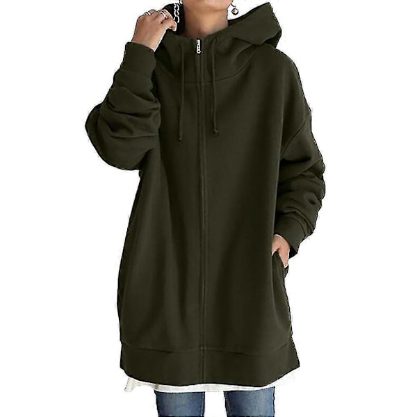 Dame Ensfarvet Fuld Lynlås Hættetrøje Frakke Casual Udendørs Efterår Langærmet Hætte Lommer Jakke Army Green XL