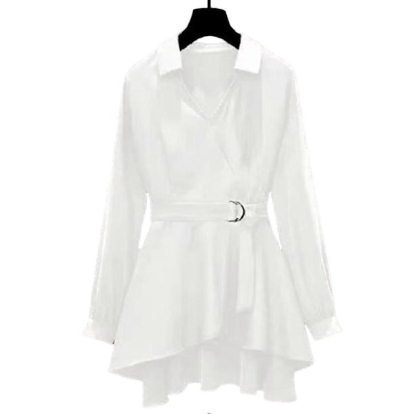 Dame Skjorte med Krave og Asymmetrisk Kant Koreansk Stil Fint Bælte V-Hals Afslappede Toppe Velegnet til Venne Sammenkomster White Long Sleeve M