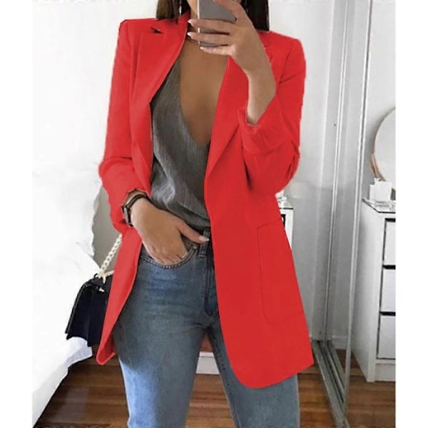 Naisten kaulus työtoimisto bleiseri takki rento pitkähihainen päällystakki lonkan pituinen Red 3XL