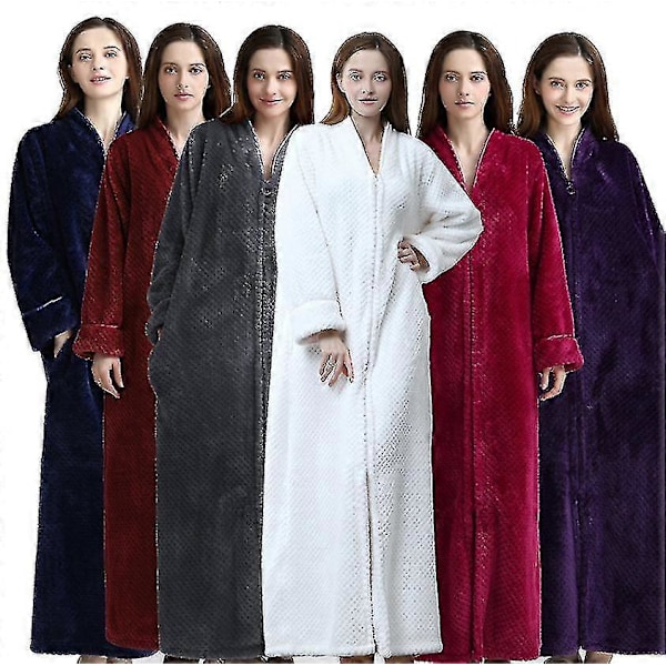 Badekåbe med lynlås til kvinder, flannel fleece kåber, varm morgenkåbe til vinter purple M