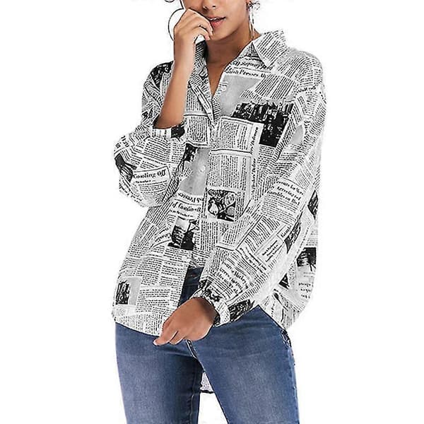 Dame Printede Skjorter Avisprint Langærmede Bluser Black XL
