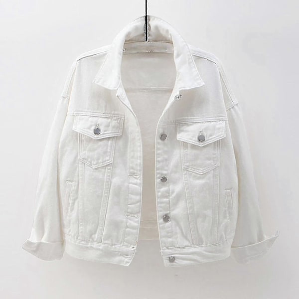 Dam Vår Och Höst Jackor Varm Enfärgad Långärmad Jeansjacka Ytterkläder White M