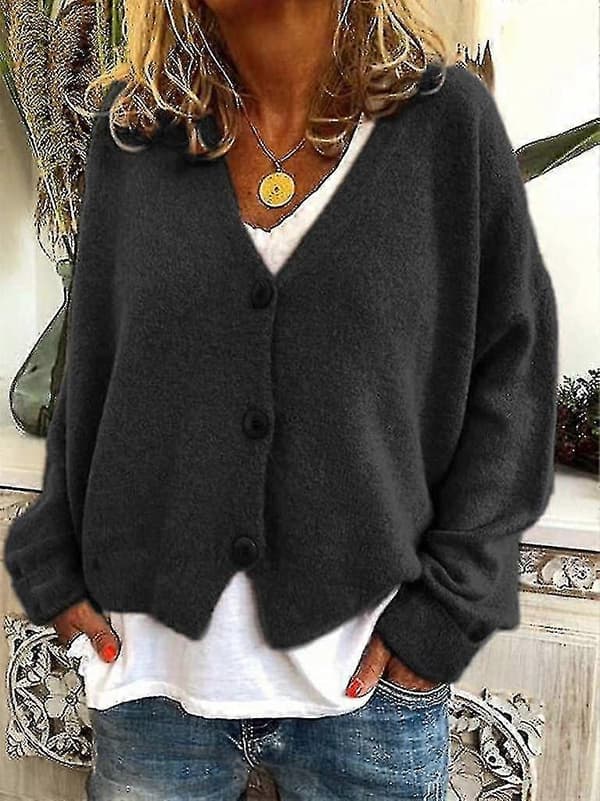 Damtröja Stickad Casual V-ringad Enfärgad Kofta Black S