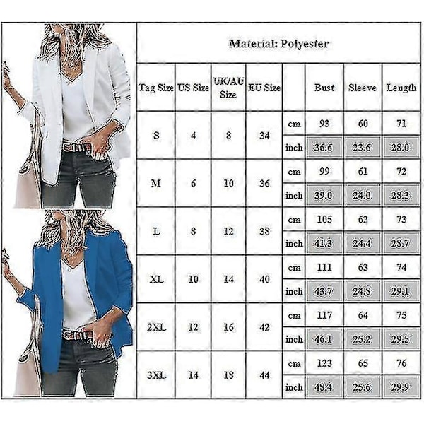 Dame Ensfarvet Åben Front Revers Blazer Langærmet Arbejde Kontor Cardigan Jakke White 3XL