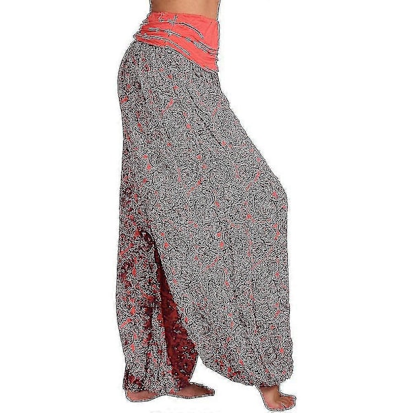Bohemiska Haremsbyxor för Kvinnor med Paiey-tryck, Gypsy Ali Baba Yoga Palazzo, Lösa Hippiebyxor, Bloomers med Smockresår i Midjan Red M