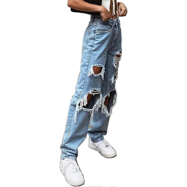 Lös passform Hög midja Jeans med revor för dam, Boyfriend Fashion Stora lösa jeans i denim, För tjejer, Robin Blue, Xl