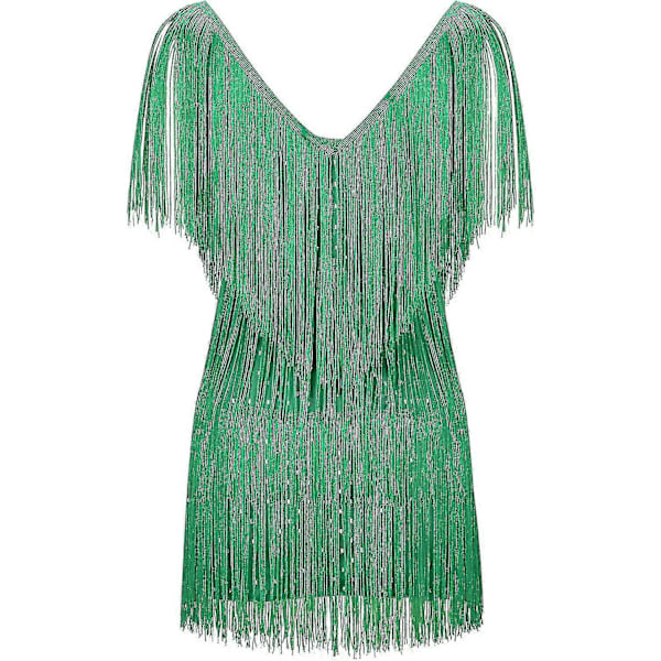 Cocktailkjoler til kvinder Sexet dyb V-hals Allover Frynser Spaghetti Stropper Kjole Pailletter Fjer Prom Festkjole 2-green X-Small