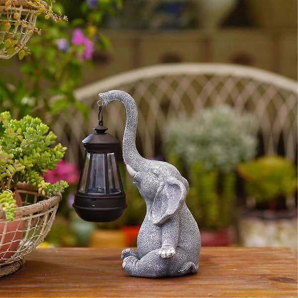 Elefant Solcellelampe Dekor Vanntett Solid Resin Håndverk Elefant Ornament Statue Hage Balkong G