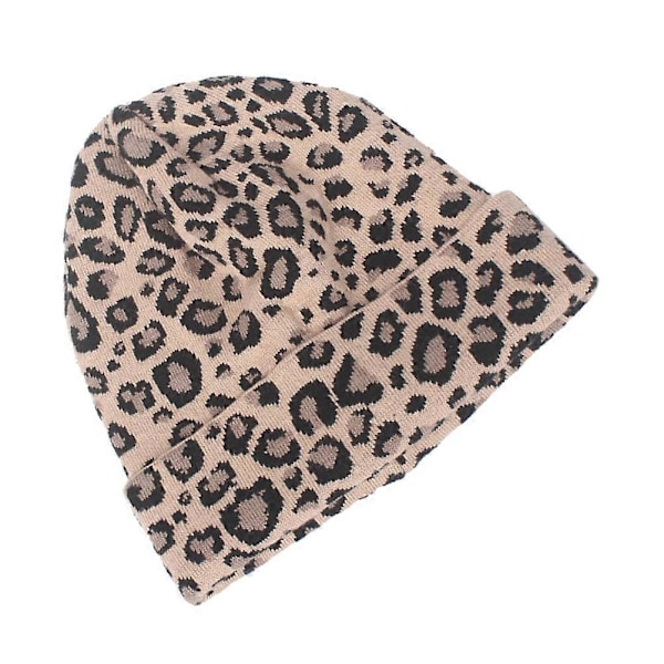 Khakifärgad Leopard Dam Ullstickad Mössa Varm Stickad Mode Beanie för Höst Vinter