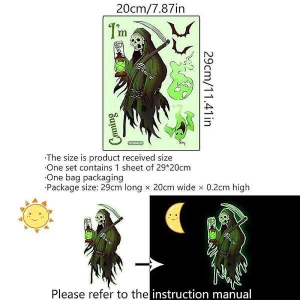 Grim Reaper Väggdekal Självlysande Spöke Fladdermus Liemannen Halloween Väggsticker Halloween Väggkonst Dekal Läskig Väggdekor