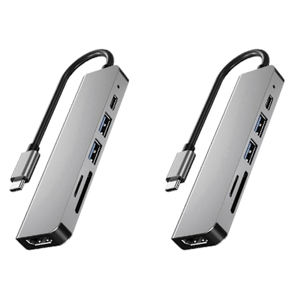2x 6-i-1 USB Typ C Hub Adapter med 4K 30Hz -kompatibel Multiport Kortläsare USB3.0 TF PD Video