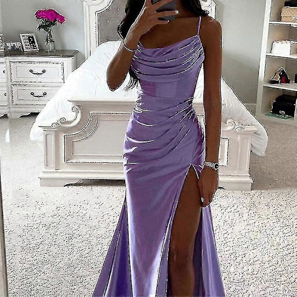 Dam Lång Maxiklänning Cowl Neck Aftonklänning Ärmlös Satin Slip Klänning Fest Casual Light Purple 3XL