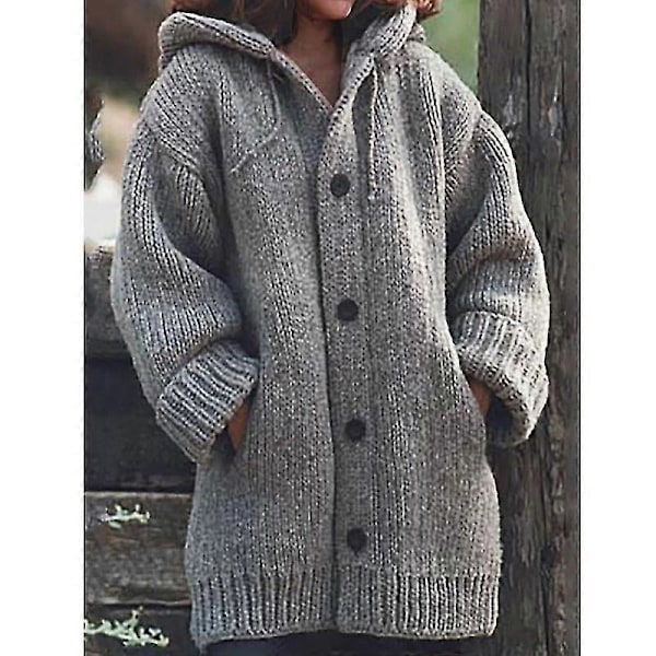 Dame Hætte Strikket Sweater Efterår Vinter Mellemlang Ensfarvet Knap Sweater Uldfrakke Jakker Overdele Red XL