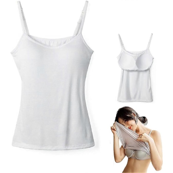 2-i-1 Dam Basic Sömlös Camisole Enfärgad Spaghettiband Slim Fit Bomull, Justerbara Spaghettiband Linne med Inbyggd BH White M