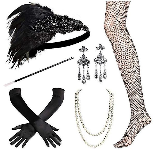 1920'er Tilbehørssæt Flapper Pandebånd, øreringe, perlehalskæde, handsker Style 1