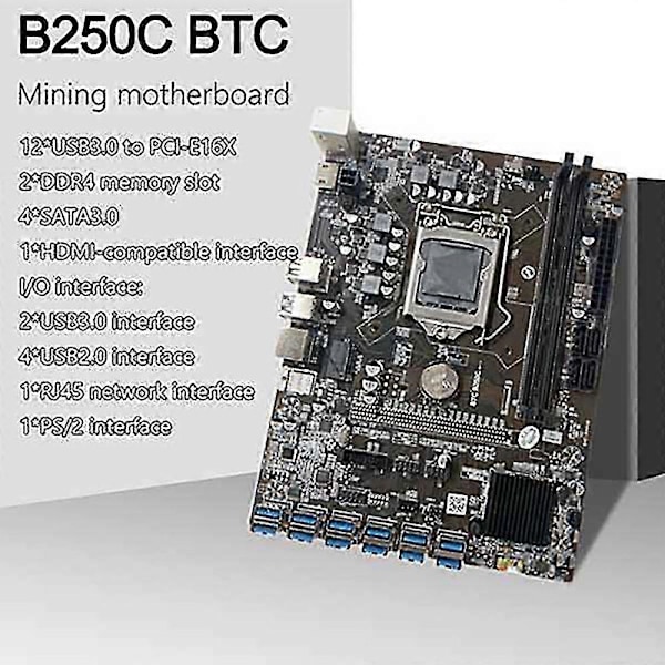 B250c Mining -emolevy lämpötahnalla+kytkinkaapelilla 12 Usb3.0 - Pcie-paikkaan Lga1151 Sata3.0 Su
