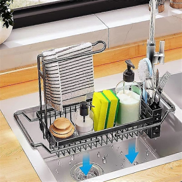 Svamp Holder For Kjøkkenvask, Vask Caddy, Utvidbar (16.7-21.2 tommer) Kjøkkenvask Organizer, Oppvaskklut