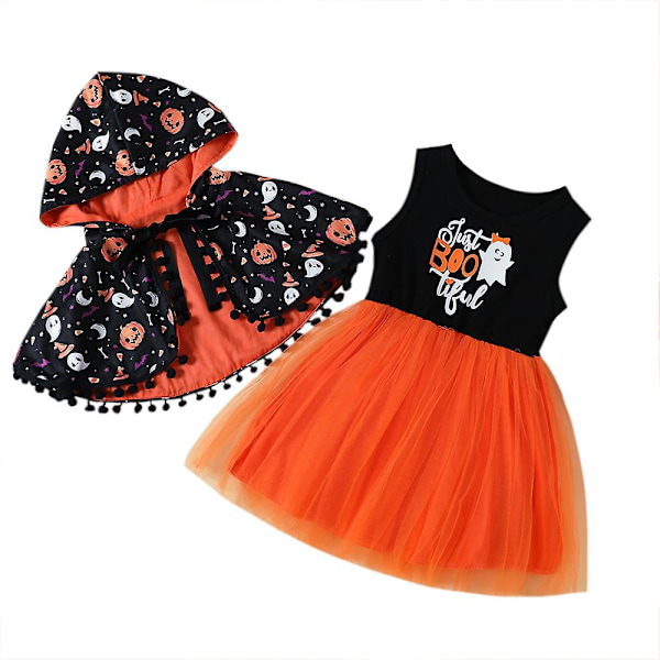 Halloween-asut 2023 Uutta tyttöjen festivaalisetti Lasten karnevaaliasut Kurpitsapainettu viitta + liivimekko setti 2kpl 1-6 vuotta Blakck and Orange 100 2-3Y