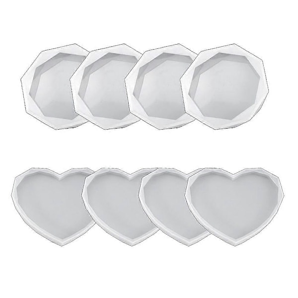 8 stk. Resin Brikker Hjerte Og Rund Silikoneform, Diamantkant Rund Brikkeholder Form