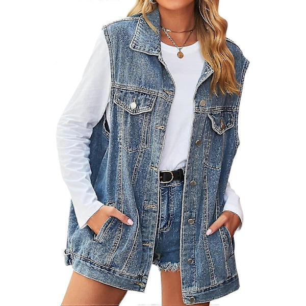 Ärmlös jeansjacka för damer med knäppning – Mellanlång väst Blue Large