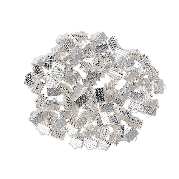 100 KPL 8MM Pinnoitetut Nauhan Päät Kiinnikkeet Tekstuuripintaiset Puristusliittimet Johdon Päät Mazi Soljet Vetoketjuklipsit DIY Korutarvikkeet (Hopea)