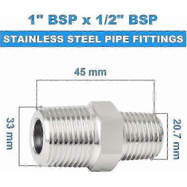 Sæt med 2 rustfri stål BSP han-reduceringsrørfittings