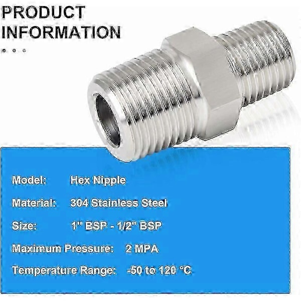 Sæt med 2 rustfri stål BSP han-reduceringsrørfittings
