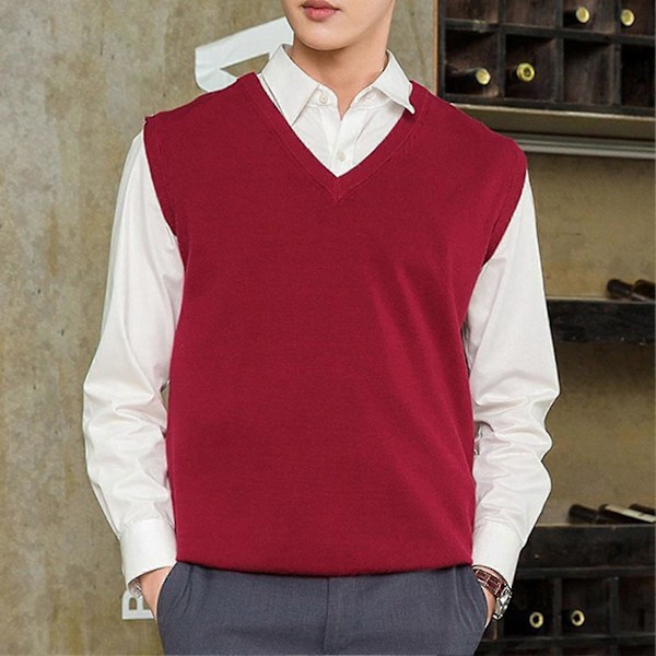 Ärmlös Lös Varm Tröjväst Herr V-ringad Pullover Västar Red 3XL