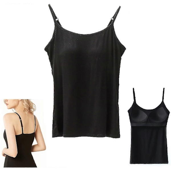 2-i-1 Dam Basic Sömlös Camisole Enfärgad Spaghettiband Slim Fit Bomull, Justerbara Spaghettiband Linne med Inbyggd BH Black M
