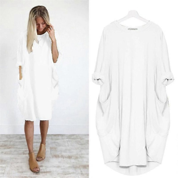 Oversized Tunika Klänning Dam Långärmad Lös Baggy T-shirt Toppar white M