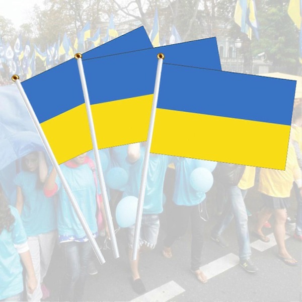 JIKAIX 10 kpl Ukrainan lippuja, haalistumaton pieni polyesteri, elävä värinen Ukrainan käsi-lippu juhlakoristeluun