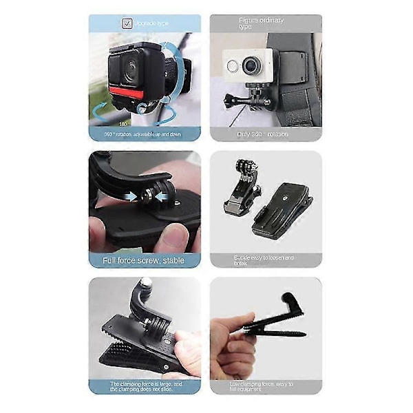 360 astetta kääntyvä reppukiinnike Go Pro Hero 10 9 8 7 6 5 4 Insta 360 -actionkameroille
