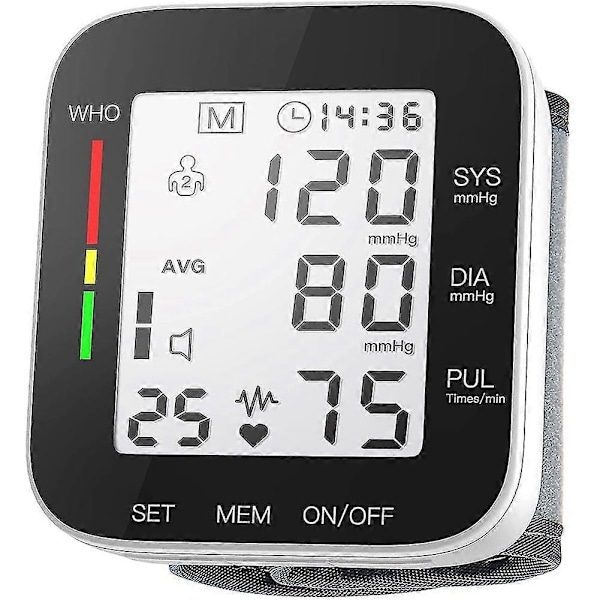 Blodtryksmåler Automatisk Stort LCD Display Justerbar Håndledsmanchet Automatisk Dobbelt 99 Aflæsninger