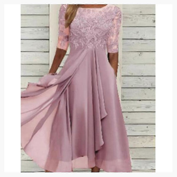 Klänning med spetsapplikationer Midi Kortärmad Aftonklänning Vardaglig All Match Klänning För Bröllop Pink L