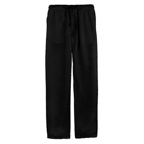 Herr Bomull Linne Byxor Elastisk Midja Casual Strand Yoga Byxor Black XL