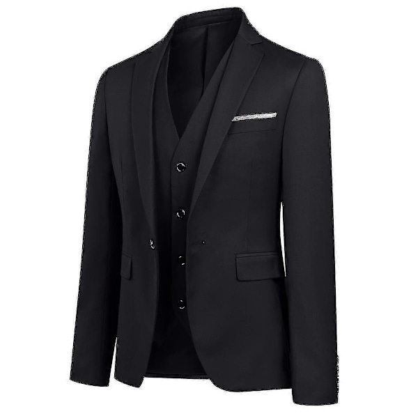 Miesten Puku Business Casual 3-osainen Puku Bleiseri Housut Liivi 9 Väriä Black XL