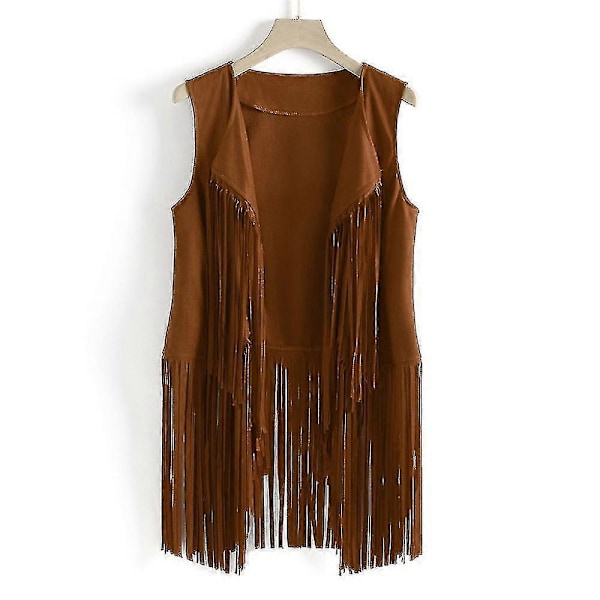 Ärmlös väst med tofsar för kvinnor 70-tal 1970-tal Hippie Faux Suede Västar Fransjacka Koftor Khaki 2XL