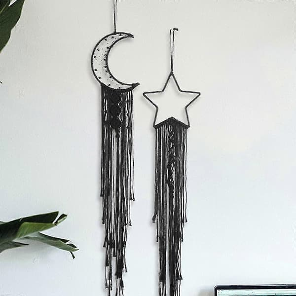 2 stk. Sort Håndlavet Macrame Drømmefanger Måne Og Stjerner Vægtæppe, Boho Bomuld Vævet Vægophæng H