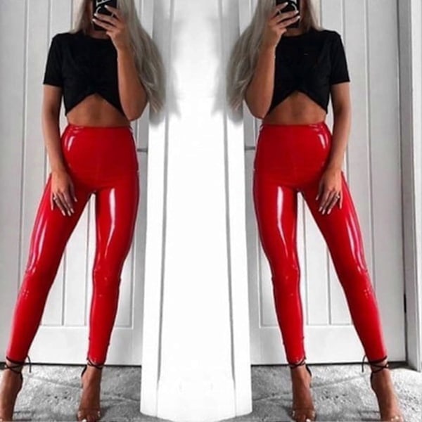 Högmidjade Läderleggings Enfärgade Ankelkorta PU Leggings För Höst Vår Vinter Pink 2XL