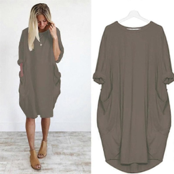 Naisten Oversized Tunika Mekko Pitkähihainen Löysä Pussimainen T-paita Toppi Khaki 4XL