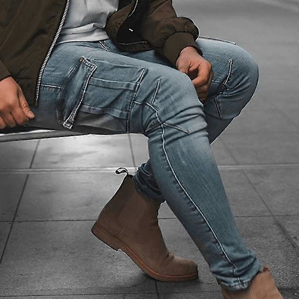 Miesten Skinny Cargo Combat Denim Farkut Rento Slim Fit Housut Blue M