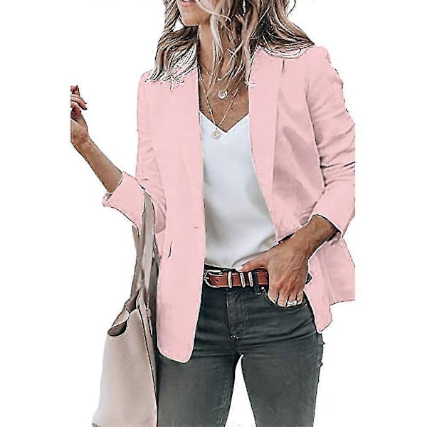 Dame Ensfarvet Åben Front Revers Blazer Langærmet Arbejde Kontor Cardigan Jakke Pink M